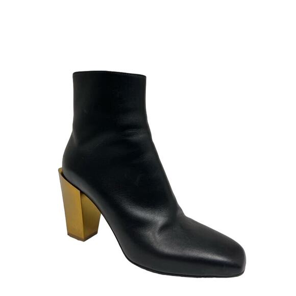 SALVATORE FERRAGAMO Black Leather Gold Block Heels Zip Square Toe Bootie Boots 7